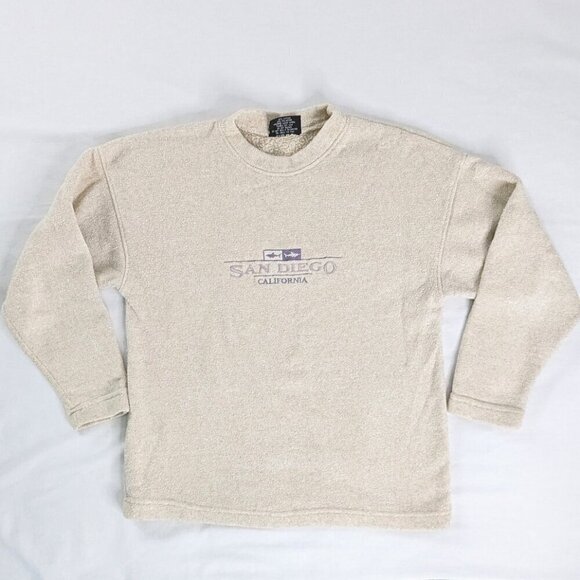 VTG Cream Terry Knit Teddy Textured San Diego Embroidered Crewneck Sweatshirt - Picture 1 of 9